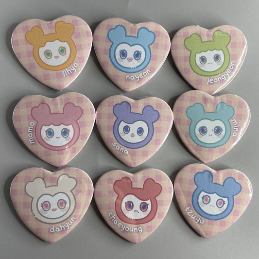 Twice Lovelys Character Handmade Heart Shaped Pin Back Buttons