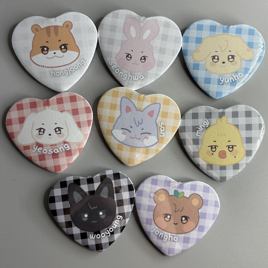 Ateez Aniteez Character Handmade Heart Shaped Pin Back Buttons