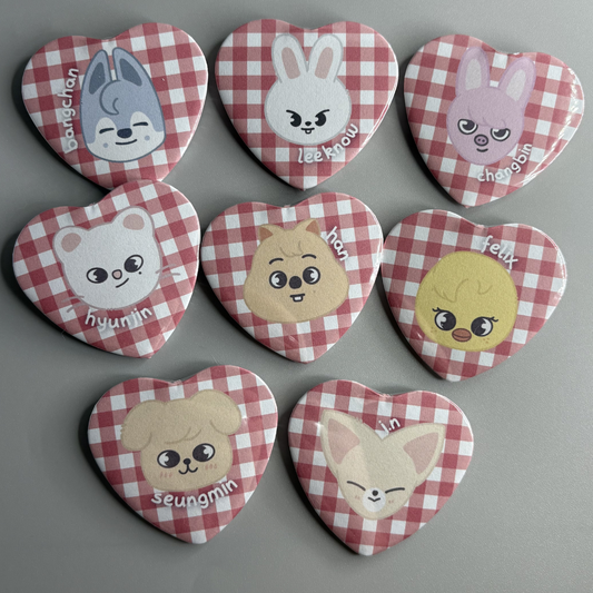 Stray Kids SZK Skzoo Character Handmade Heart Shaped Pin Back Buttons
