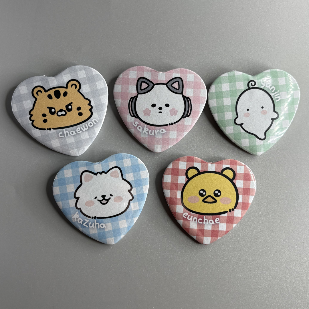 Le Sserafim Fim's Club Character Handmade Heart Shaped Pin Back Buttons