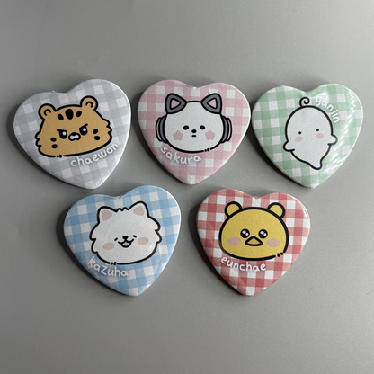 Le Sserafim Fim's Club Character Handmade Heart Shaped Pin Back Buttons