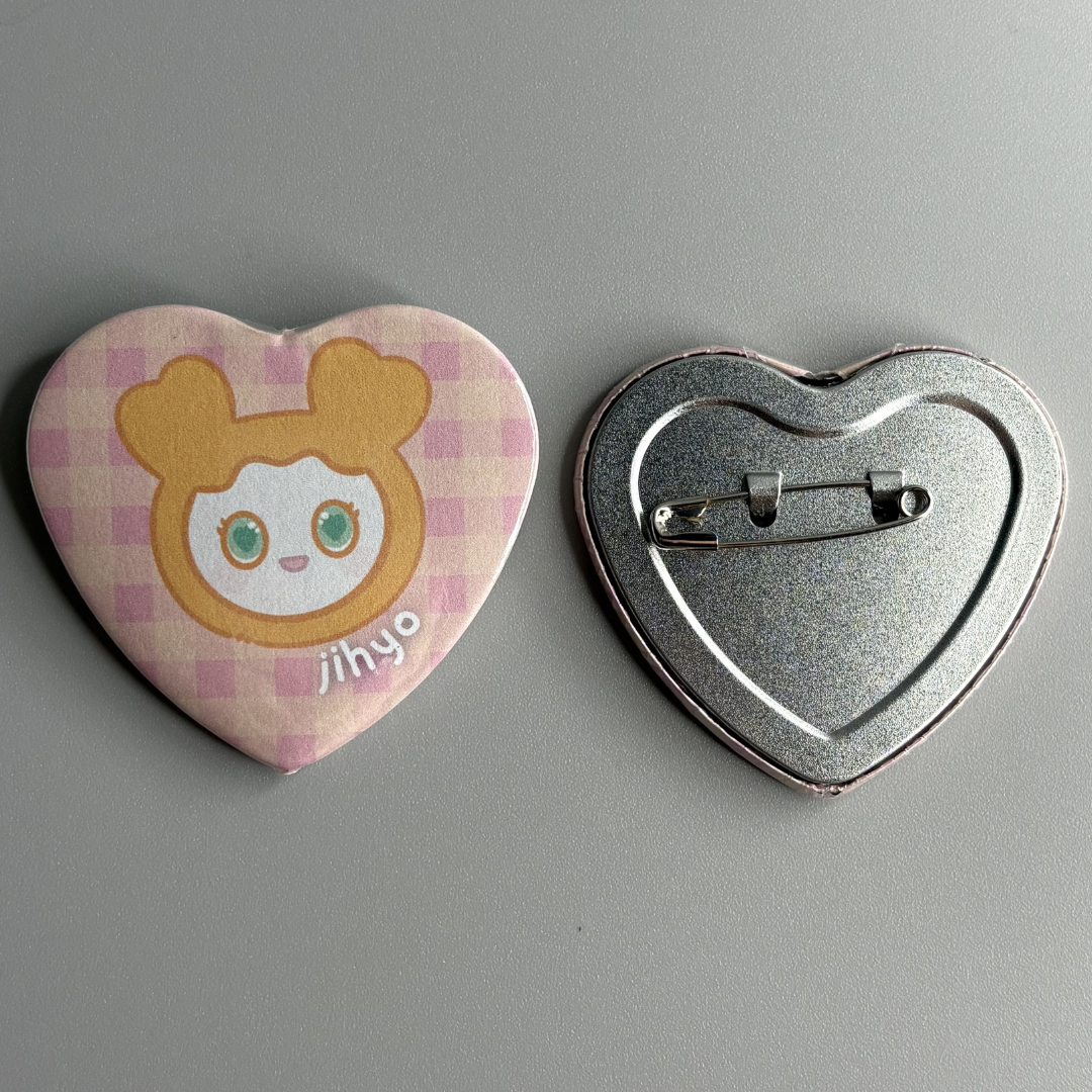 Twice Lovelys Character Handmade Heart Shaped Pin Back Buttons