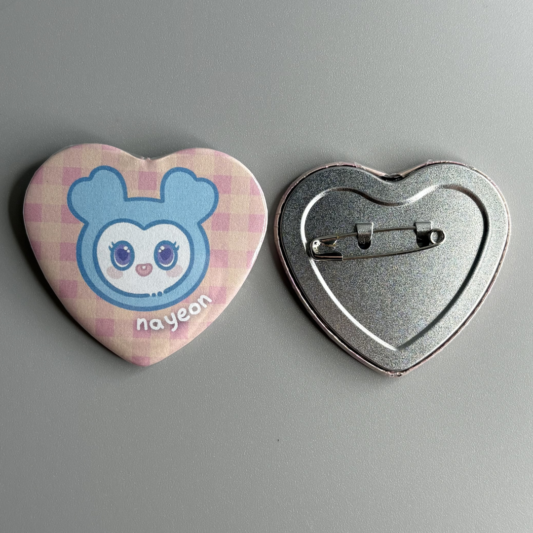 Twice Lovelys Character Handmade Heart Shaped Pin Back Buttons