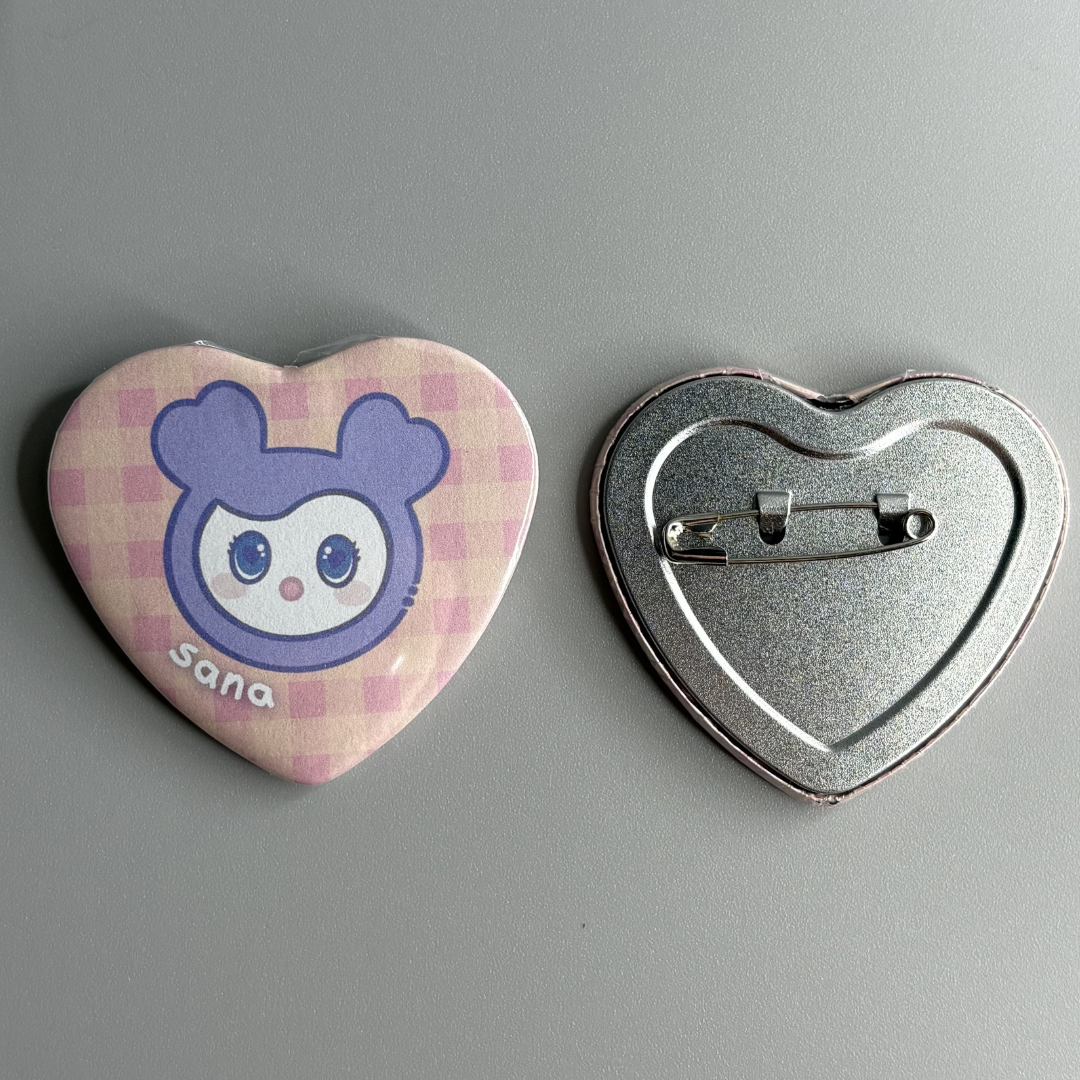 Twice Lovelys Character Handmade Heart Shaped Pin Back Buttons