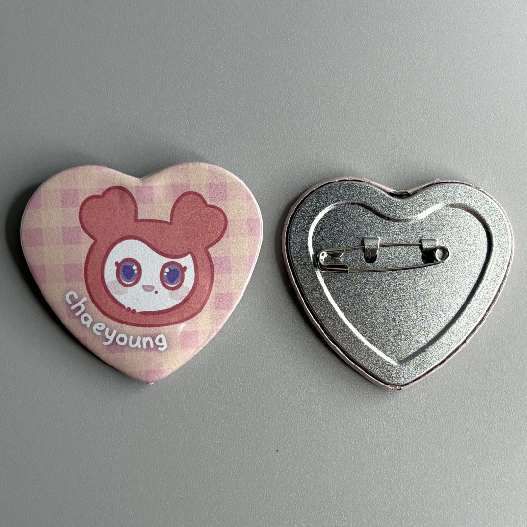 Twice Lovelys Character Handmade Heart Shaped Pin Back Buttons